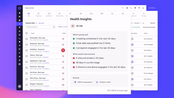 gif of health insights within the Outreach sales execution platform