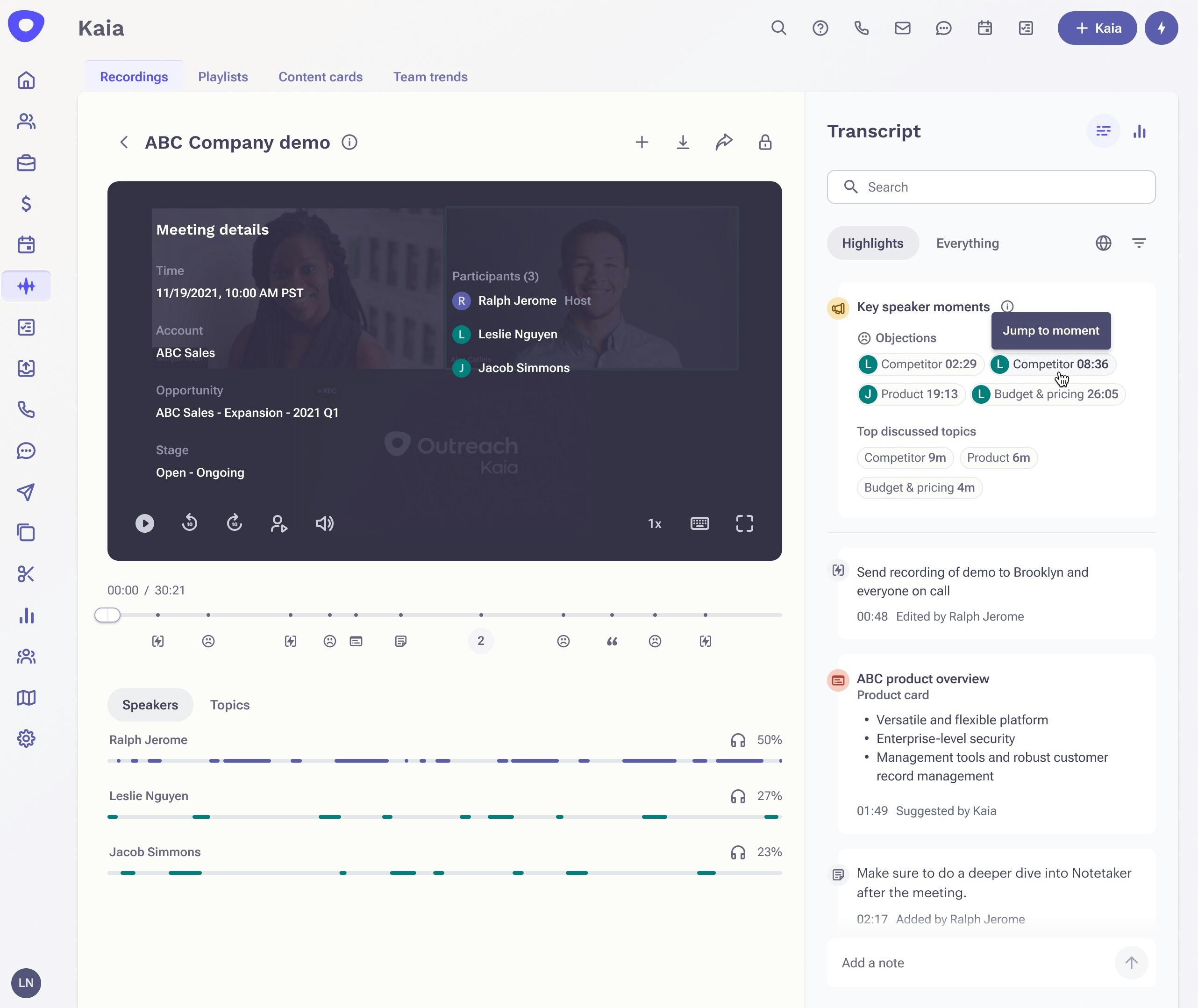 Outreach's conversation intelligence tool, Kaia, dashboard displaying meeting details.