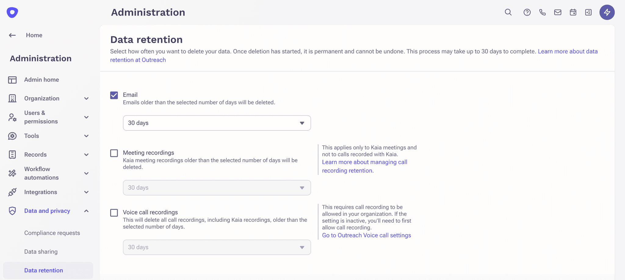 Admin dash data retention