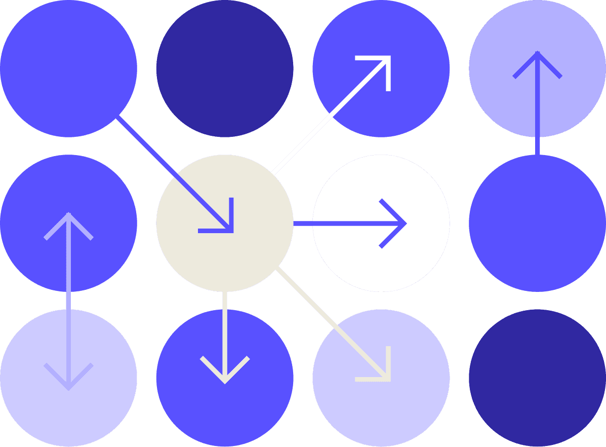 Graphic illustration of a bunch of colored blue circles with arrows