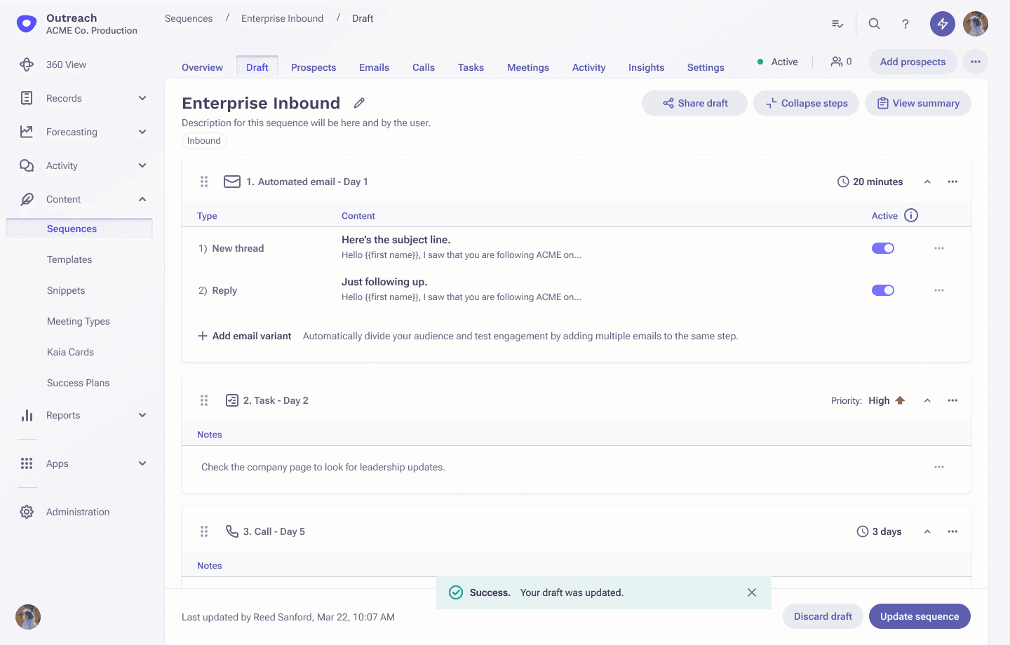 Enterprise Inbound dashboard featuring draft sequences for improved messaging.