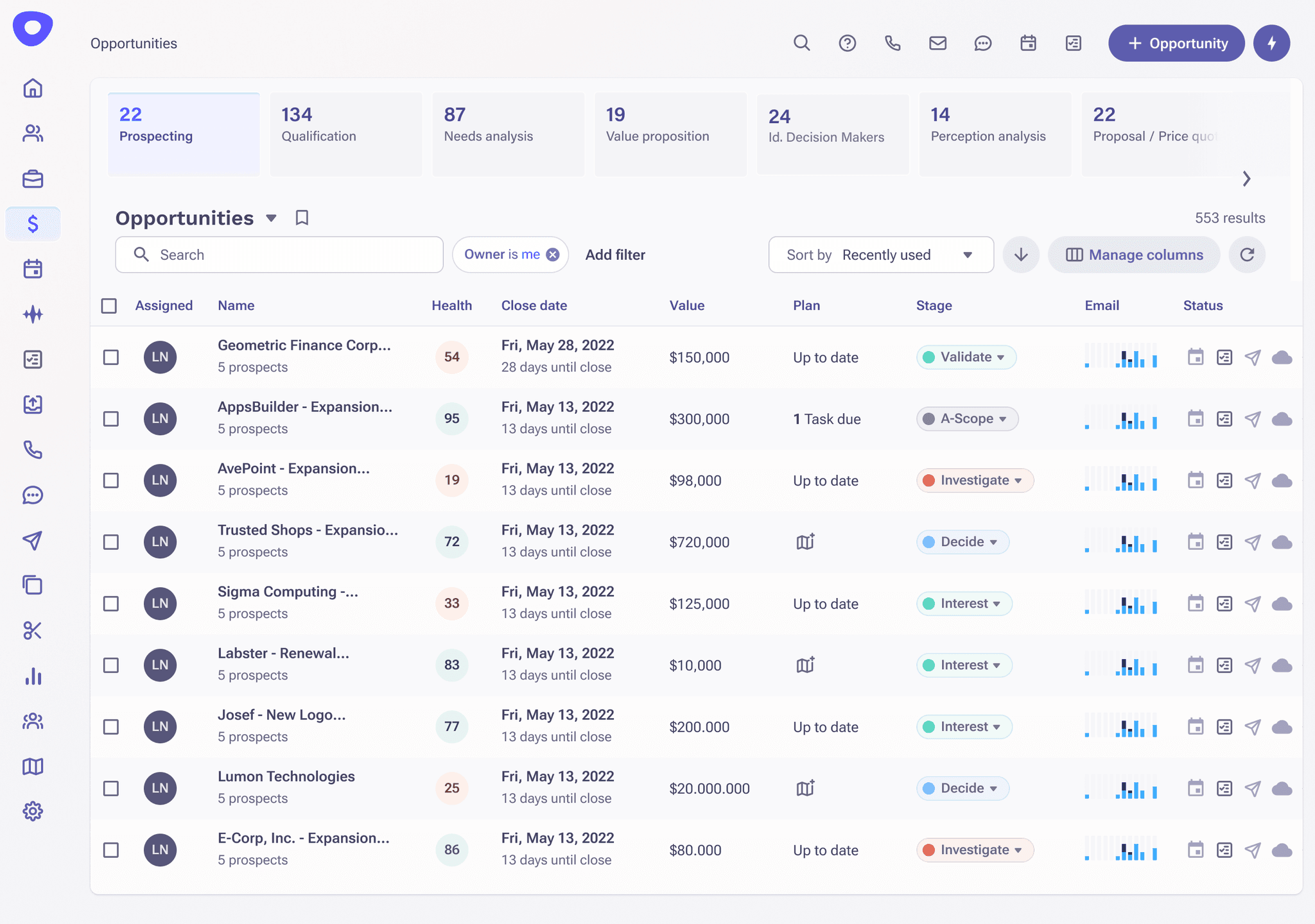 Opportunities list view in outreach