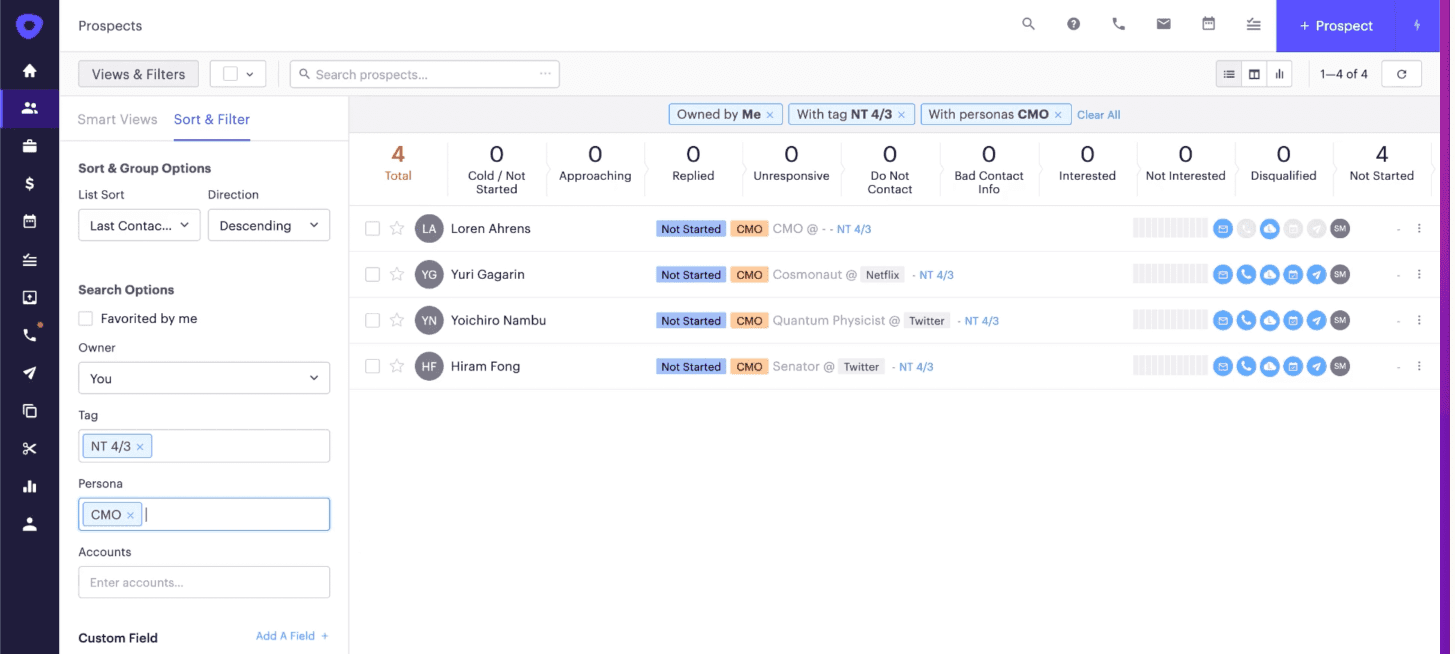 screenshot of a computer screen, showing the prospecting filtering capability in outreach