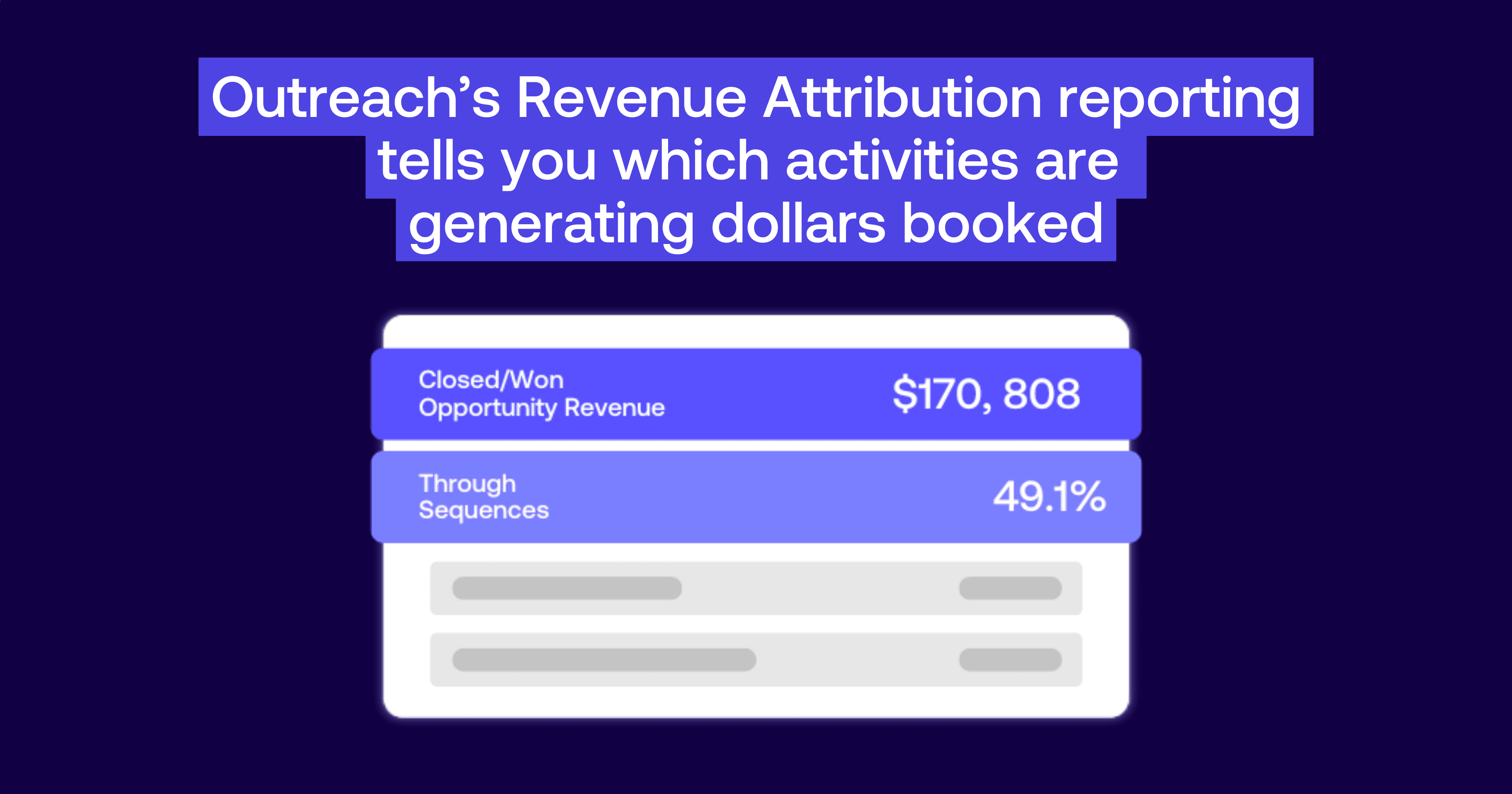 graphics on a purple background that show revenue attribution reporting in Outreach