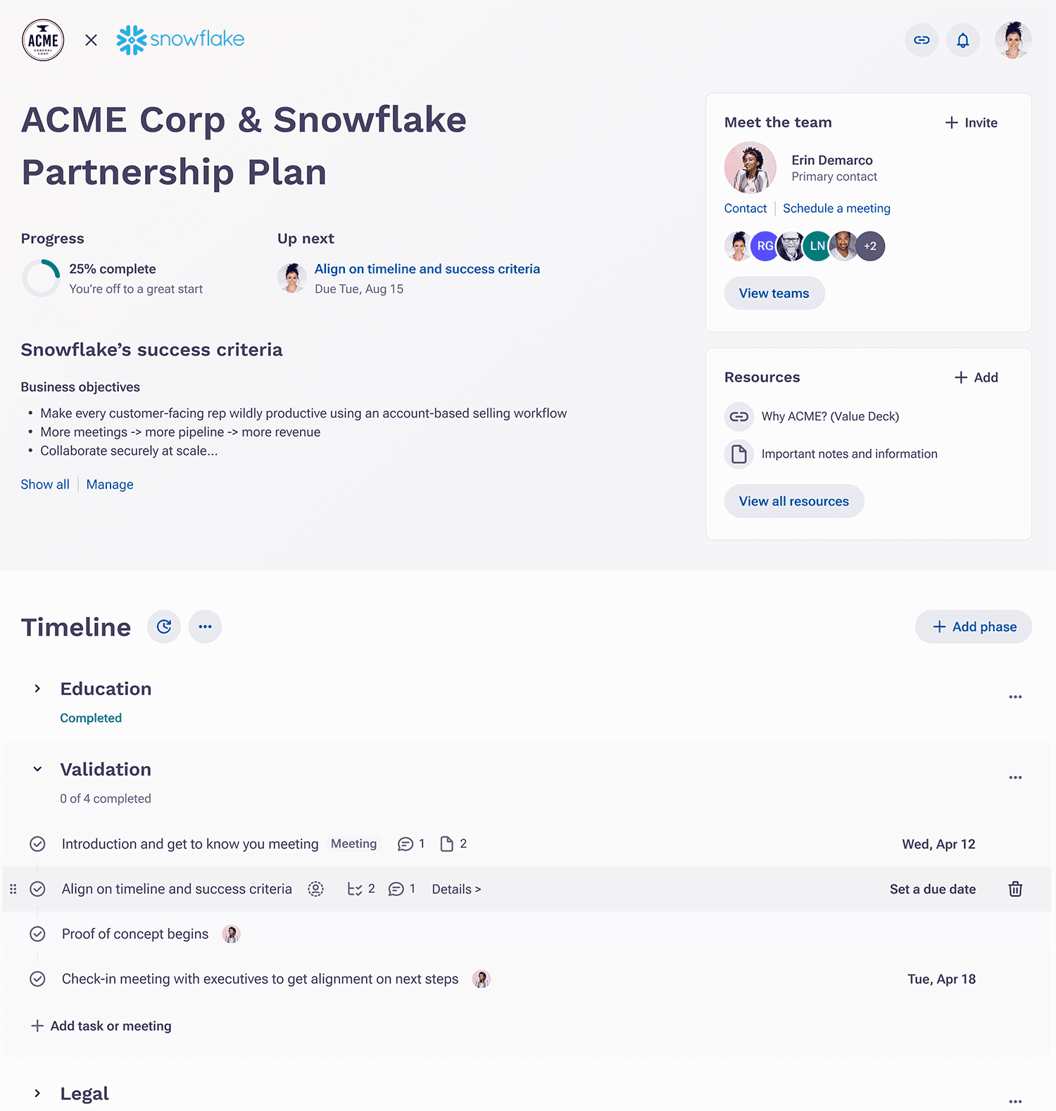 Outreach's customer engagement overview of the ACME Corp & Snowflake Partnership Plan highlighting progress, timeline, and key details.